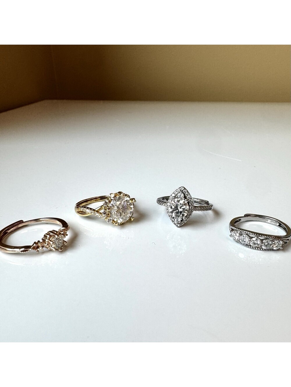 Vintage Style Silver and Gold Toned Adjustable Moissanite 4 Ring Bundle + Bonus!